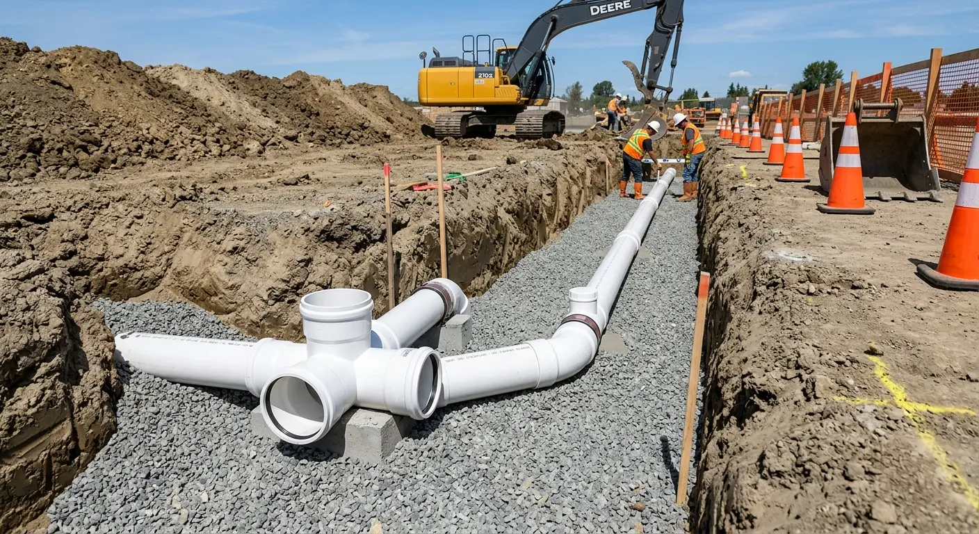 New PVC sewer pipe installation in open trench for Sewer Backup in Milford Mill