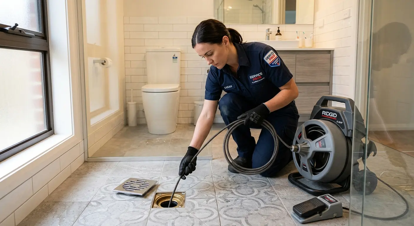 Technician clearing a bathroom floor drain for Drain Cleaning in Milford Mill